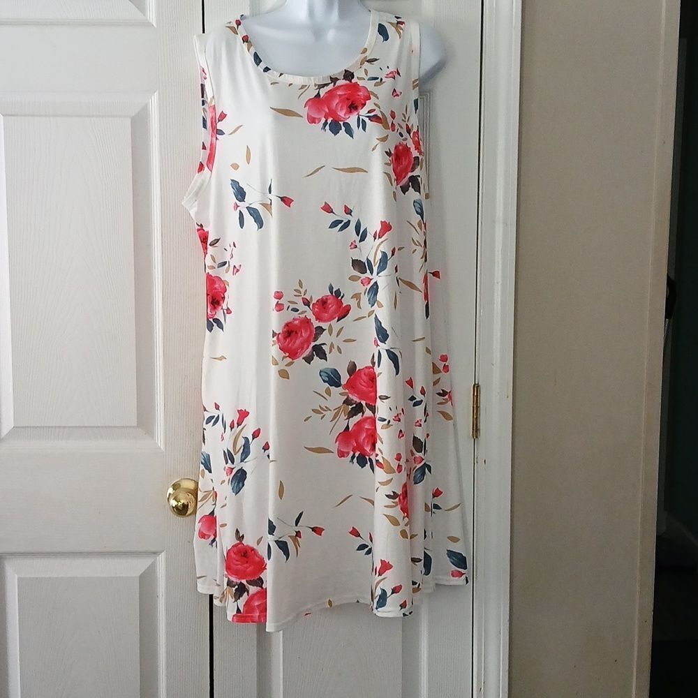 White pink floral print sleeveless shift dress with pockets Sz 3XL NWOT